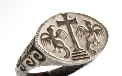 Byzantine Silver Ring with Cross and Two Eagles