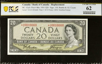 CANADA. Banque du Canada. 20 Dollars, 1954. BC-41aA. Replacement. PCGS Banknote Uncirculated 62.