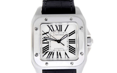 CARTIER - a mid-size stainless steel Santos 100 wrist watch.