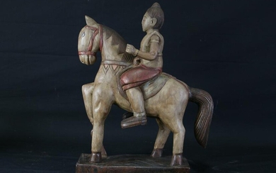 CARVED & PAINTED CHINESE FIGURE ON HORSEBACK.