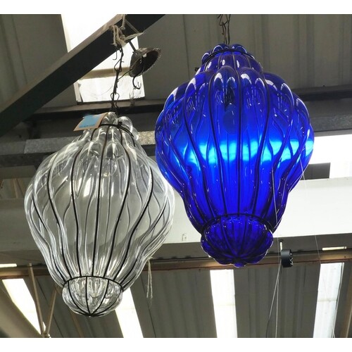 CEILING LIGHTS, two, one clear and another blue tinted glass...