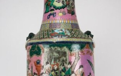 CHINA. Polychrome porcelain vase decorated with animated scenes on a pink background. Work of the XXth century. H : 59 cm (mounted in a lamp).