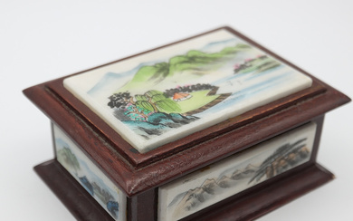 CHINESE BOX WITH LANDSCAPE PAINTING, HAND PAINTED, MADE OF WOOD AND STONE PLATE, CHINA, AROUND 1950.