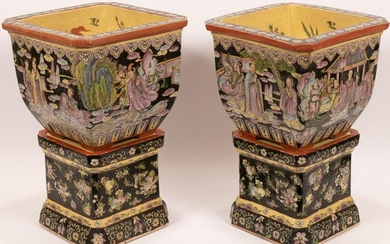 CHINESE CERAMIC POTS ON STANDS, PAIR