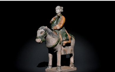 CHINESE MING DYNASTY GLAZED POTTERY HORSE AND RIDER