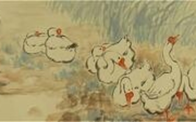 CHINESE PAINTING OF GOOSES ALONG THE RIVE BY QI BAISHI