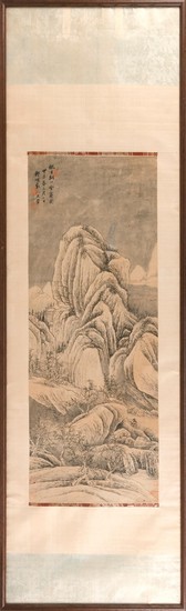 CHINESE PAINTING ON PAPER After Wang Wei. Depicting a traveler in a mountain landscape. Signed "Wang Wei" and marked with seven seal...