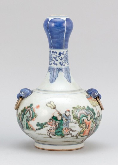 CHINESE UNDERGLAZE BLUE AND FAMILLE VERTE BOTTLE VASE Ovoid, with garlic-form mouth, lion's-head mock ring handles at shoulders, and..