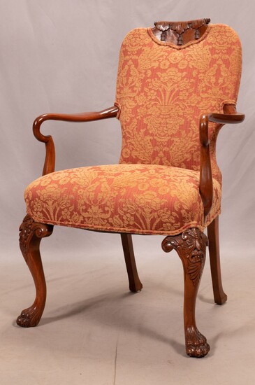 CHIPPENDALE STYLE UPHOLSTERED MAHOGANY ARMCHAIR, H 41", W 26"