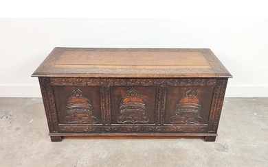 COFFER, Jacobean style oak with hinged carved top, 53cm H x ...