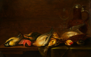 CORNELIS MAHU (C.1613-1689) / UMKREIS ALEXANDER ADRIAENSSEN (1587-1661). Attributed to. Still life with poultry, wine glass and earthenware jug.
