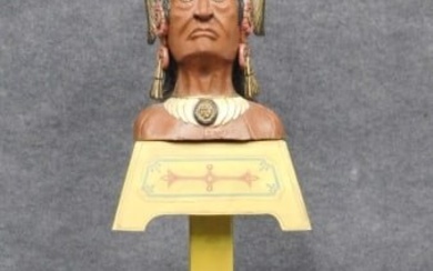 Carved Wood Native American Bust with Eagle