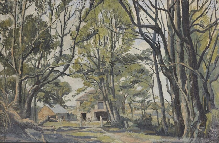 Cecil Heathfield, British 1893-1969 - Deserted Farm, 1948; oil on canvas, signed and dated lower right 'Heathfield 48' and with artist's label attached to the reverse, 50.5 x 76 cm: together with another work by the artist of the same size and...