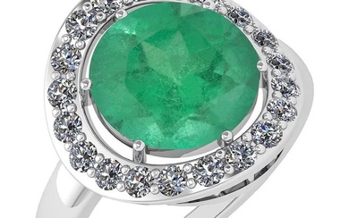 Certified 4.08 Ctw Emerald And Diamond Halo Ring 14K White Gold