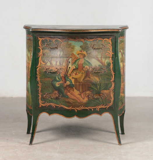 Chest of drawers made of painted wood with everyday scenes. Louis XV style.