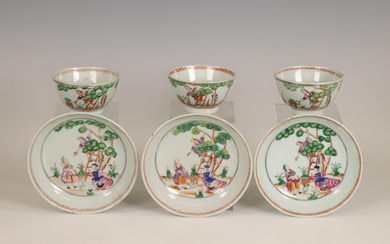 China, a set of three export porcelain 'Cherry Pickers' cups and saucers, 18th century