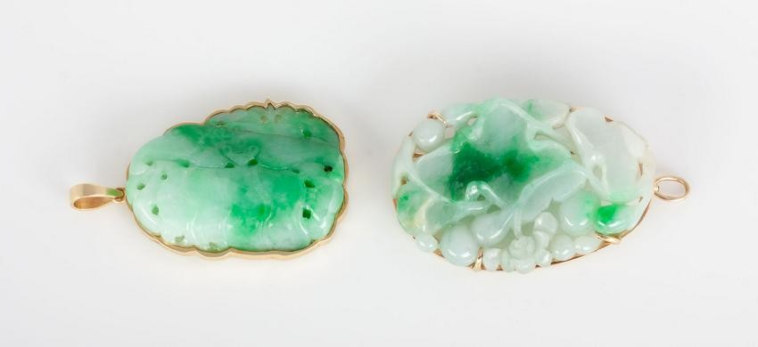 Chinese 14kt Gold and Green Jadeite Pendant and Brooch