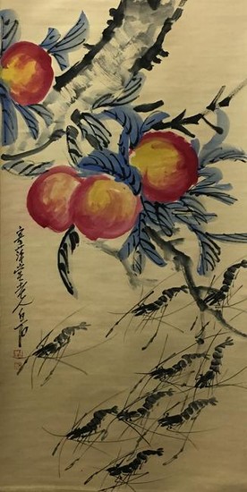 Chinese Hanging Scroll of Peach Painting