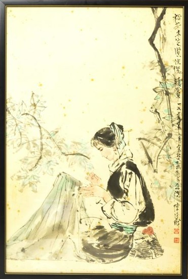 Chinese Ink Painting of Young Girl Sewing