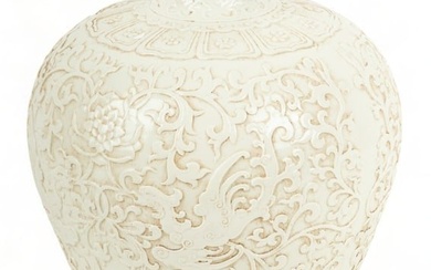 Chinese Porcelain White Glaze Porcelain Vase, Incised Carving, H 11" Dia. 8"