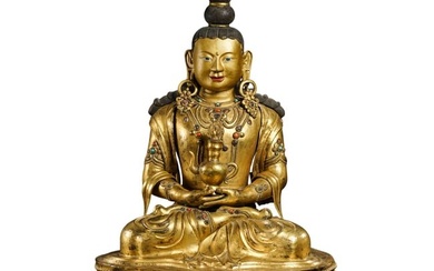 Chinese Qing Dynasty gilt bronze seated Buddha statue inlaid with gemstones