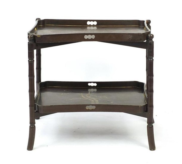 Chinese lacquered tray table with faux bamboo stand
