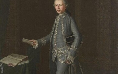 Circle of Johan Joseph Zoffany RA, British 1733-1810- Portrait of a gentleman standing full length in an interior; oil on canvas, 67.2 x 58 cm. (VAT charged on hammer price). Note: Zoffany was highly skilled at depicting the sumptuous interiors...
