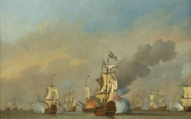 Circle of Peter Monamy, British 1681-1749- Naval engagement during the Anglo-Dutch Wars (third quarter of the 17th century); oil on canvas, bears two old inscribed labels on the reverse, 81.2 x 99 cm. Provenance: Mrs Fletcher Norton.; Her sale...