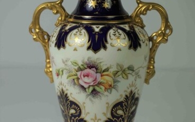 Coalport Porcelain Vase, circa early 20th century, Having panels of Roses on a blue Cobalt ground
