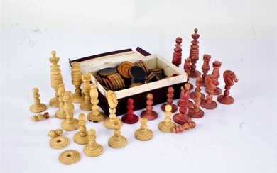 Collection of 19th Century carved bone chess pieces, and checkers pieces (qty)
