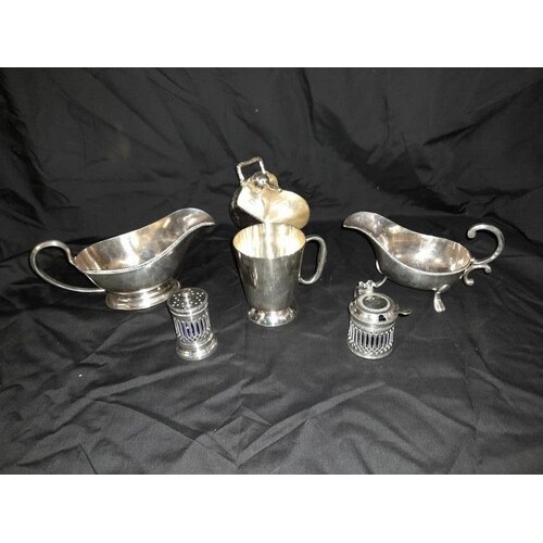 Collection of Silver Plate items including 2 Sauce Boats, Su...