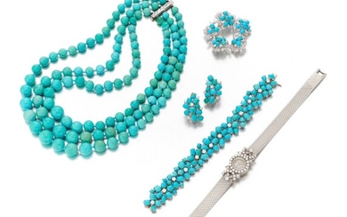 Collection of turquoise and diamond jewels and a lady's wristwatch, Jaeger-LeCoultre (Collezione di gioielli in turchese e diamanti e un orologio da polso, Jaeger-LeCoultre)