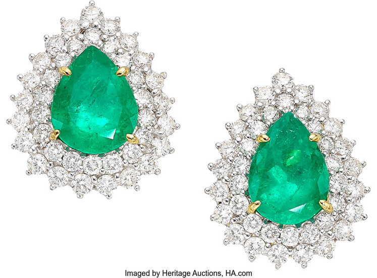 Colombian Emerald, Diamond, Gold Earrings Stones: Pear-shaped emeralds weighing...