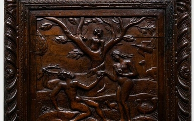 Continental Carved Wood Panel Depicting Adam and Eve in