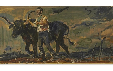DEAN CORNWELL. Man with Ox. Possible mural study. Gouache on paper. 275x5 mm;...