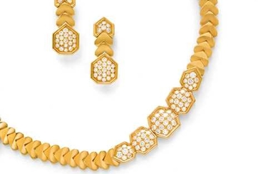 DIAMOND AND GOLD NECKLACE WITH BRACELET AND EAR PENDANTS, BY O.J. PERRIN.