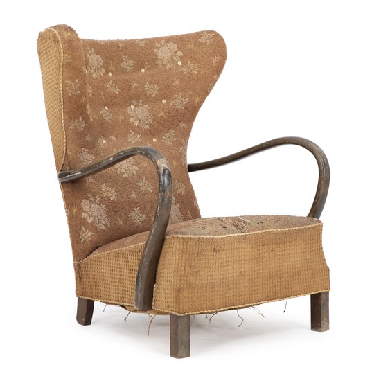 Danish cabinetmaker: High-backed easy chair of stained beech with curved armrests. Upholstered with fabric in shades of brown.