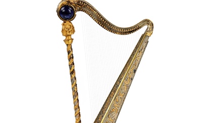Decorative miniature. Gilded, silver harp with lapis lazuli. 1960s