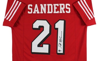 Deion Sanders Signed Red Pro Style Jersey w/Drop Shadow BAS Witnessed