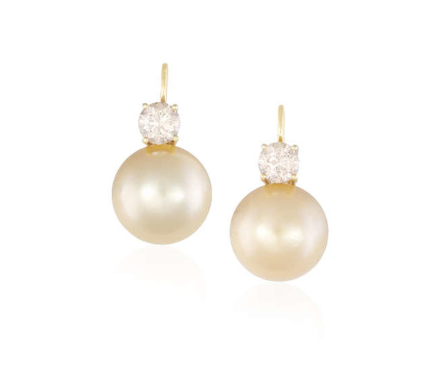 Description A PAIR OF CULTURED PEARL AND DIAMOND EARRINGS...