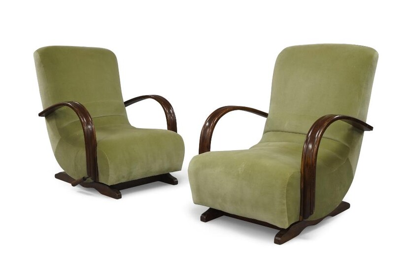 Designer Unknown, Pair of Art Deco adjustable reclining lounge chairs, circa 1930, Stained oak, velvet, steel, Each 84cm high, 68cm wide