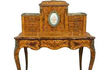 Desk, Stepped crossbow desk - Napoleon III - Brass, Bronze, Kingwood, Porcelain, Rosewood, Marquetry - Second half 19th century