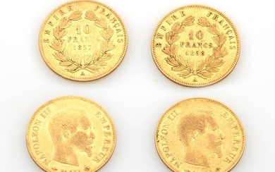 Deux pièces de dix francs en or à l'effigie de Napoléon III non lauré 1857...