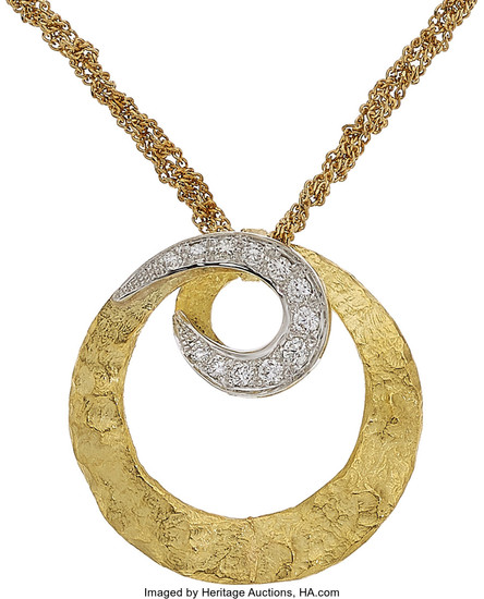 Diamond, Gold Pendant-Necklace The pendant features full-cut diamonds weighing...