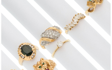 Diamond, Multi-Stone, Gold Rings The lot includes seven rings;...