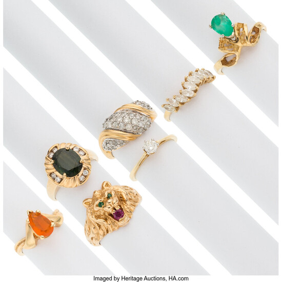 Diamond, Multi-Stone, Gold Rings The lot includes seven rings;...