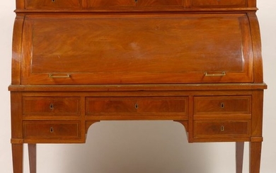 Directoire-style mahogany veneer and brass filet cylinder desk...