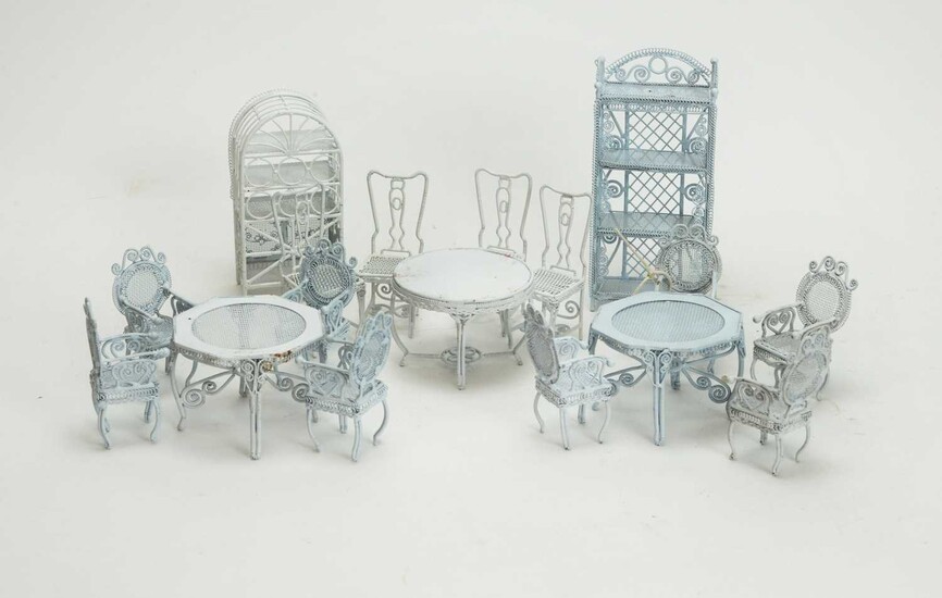 Doll's miniature white-painted metal garden tables and chairs; and shelf units.