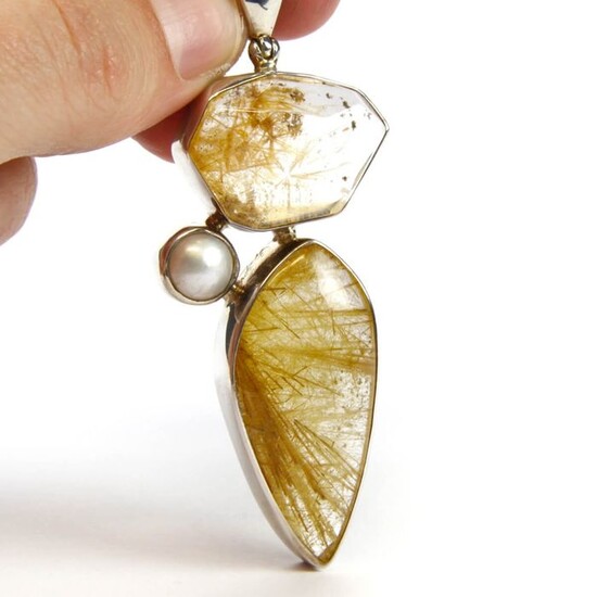 Double Rutilated Quartz casting on Silver Pendent with natural Pearl 925 silver pendant - 79×27.3×11.2 mm - 31.2 g