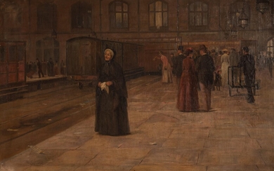 Duncan Mackellar (1849-1908), train passengers waiting on the platform, oil on canvas, 68 x 92 cm